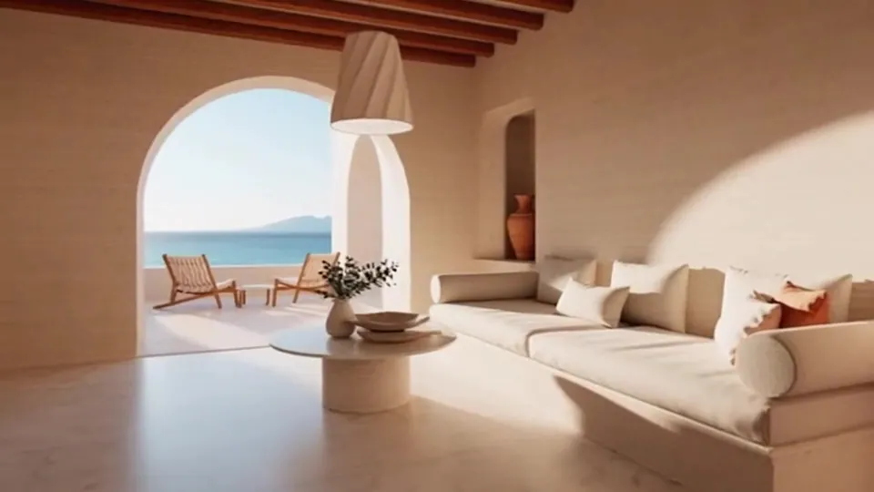 A whitewashed room with an arched doorway open to the sea.