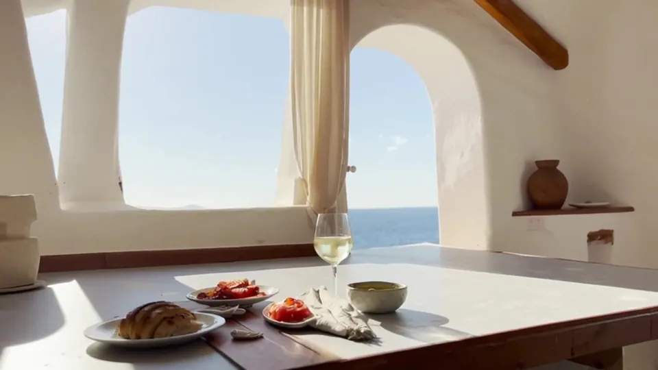 A table by an open window: bread, small plates, a glass of white wine, the sea beyond.